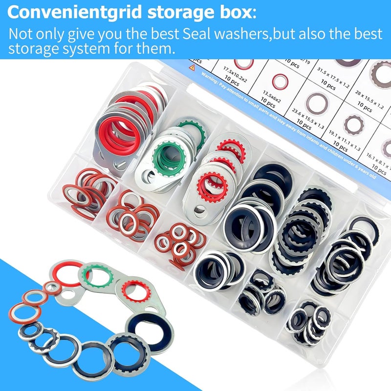 AClengda 120pcs automotive A/C system compressor gasket seal, Air Conditioner Compressor Port Seal Gasket Kit Bonded Gasket Seal Assortment Set (120 pcs) - Image 2